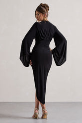 Black Drape-Sleeve Gathered Midi Dress